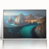 Framed acrylic print of Cabo San Lucas scenery with pastel ocean and sky shades, ideal for modern art wall decor.