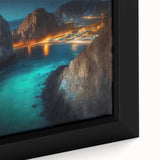 Extra large framed canvas featuring a textured depiction of Cabo San Lucas with a black border and vibrant colors.