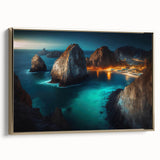 Framed canvas wall art of Cabo San Lucas landscape in vintage poster style with black and gold tones.