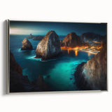 Framed canvas of a vintage-style landscape art painting depicting Cabo San Lucas, featuring colorful art with black borders.
