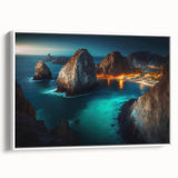 Framed canvas vintage poster art of Cabo San Lucas scenery in colorful tones, ideal for living room decor.