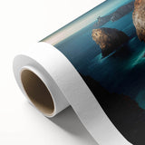 Art deco poster of Cabo San Lucas scenery on rolled canvas, featuring pastel ocean and sky tones, ideal for nursery wall art.