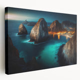 Scenic view of Cabo San Lucas on stretched canvas, featuring vibrant blue and sandy hues, ideal for kitchen wall art.