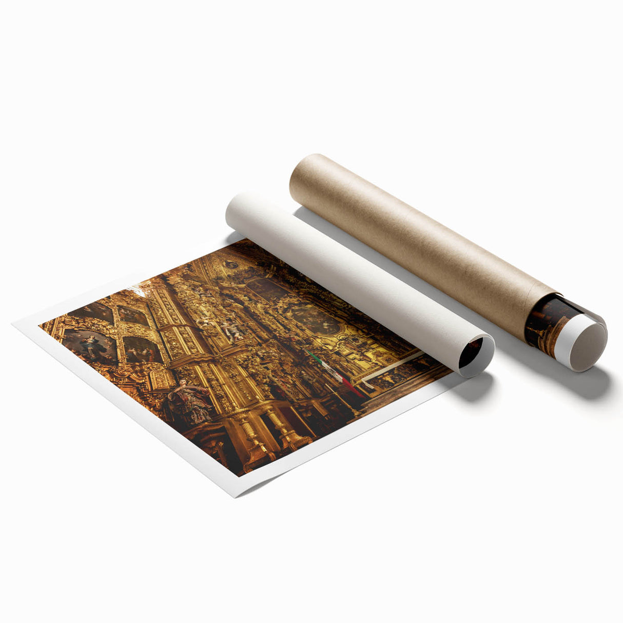 Extra large rolled print featuring a detailed floral art design set against a Mexico City scenery.