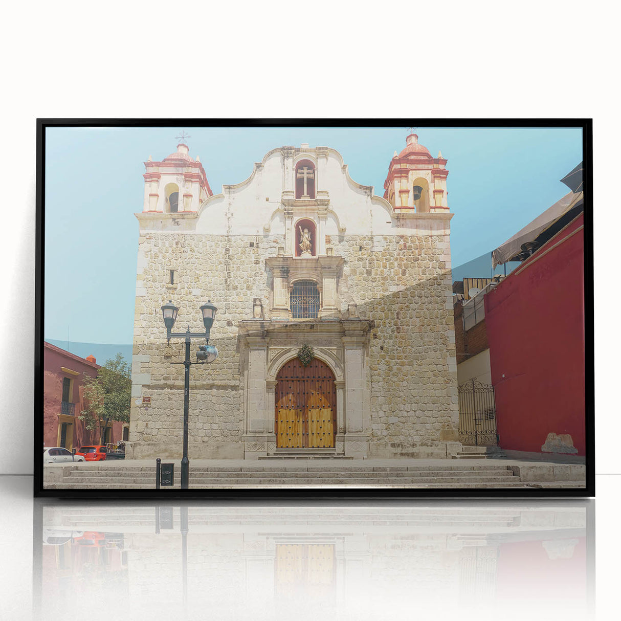 Large abstract wall art depicting a vibrant Oaxaca scenery, framed in black acrylic, ideal for modern art wall decor.