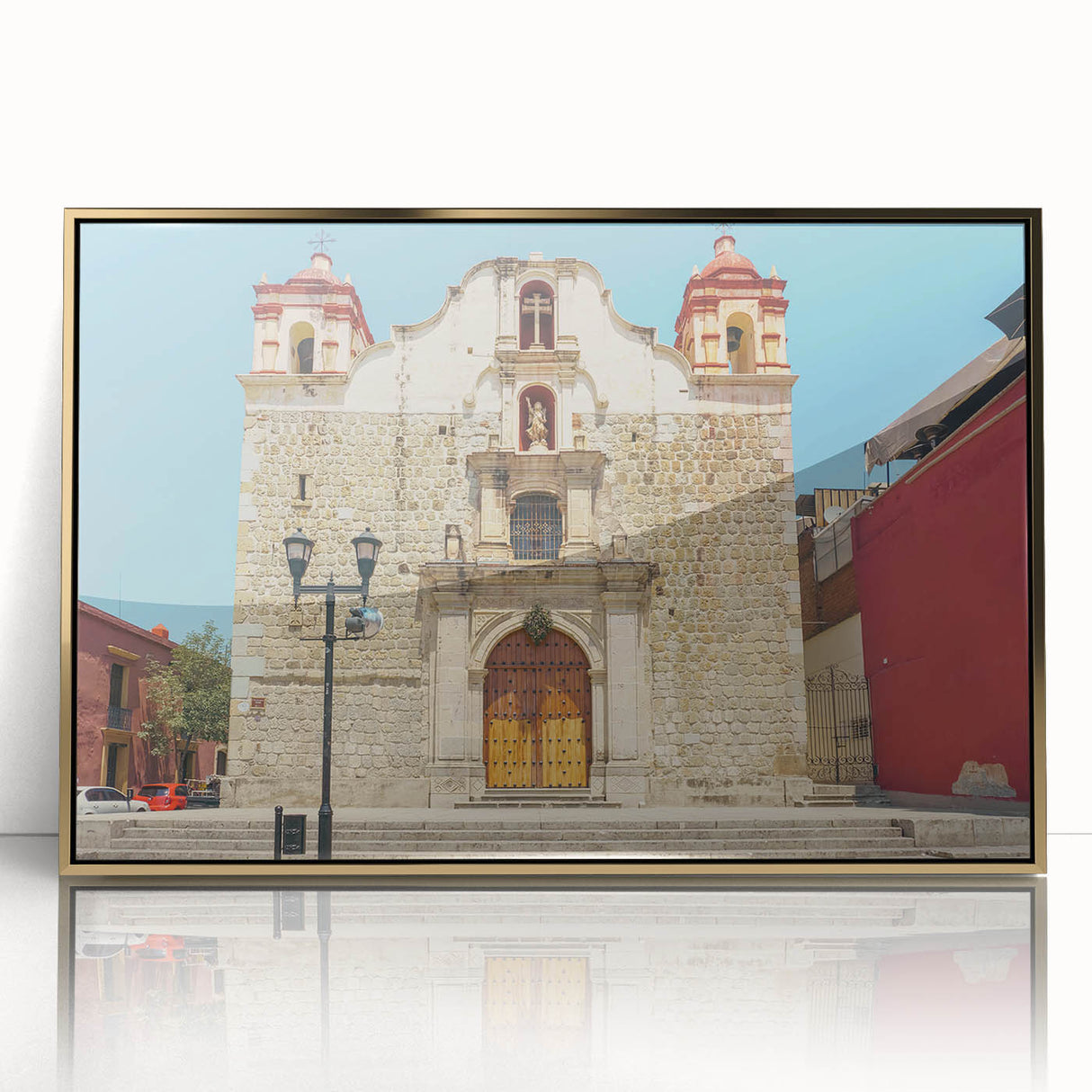Mid-century modernist art of Oaxaca scenery in Mexico, featuring earthy tones on a framed acrylic.