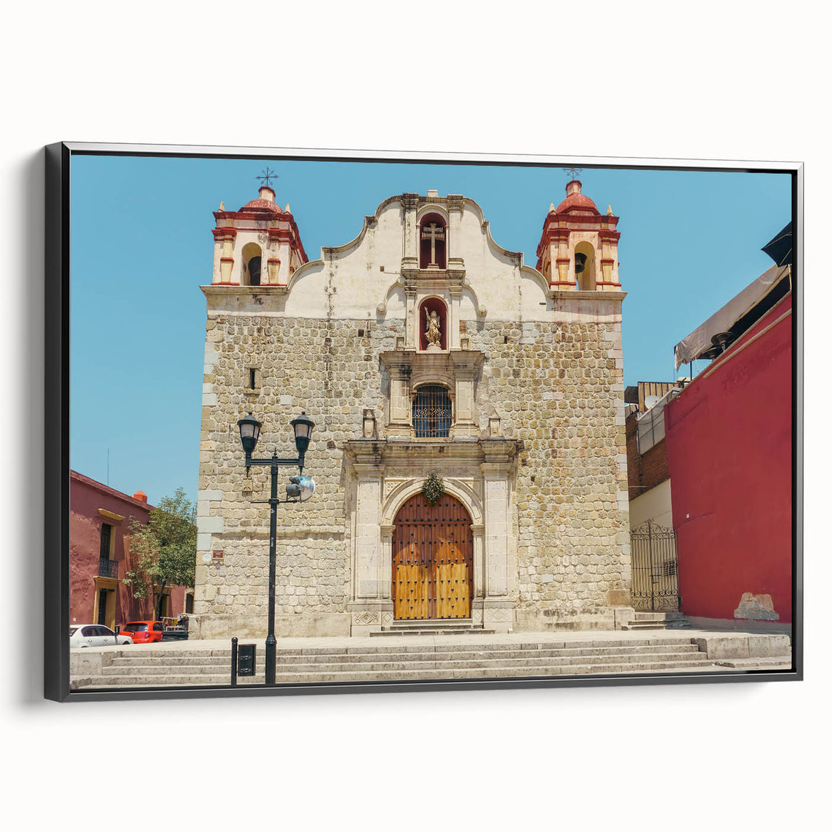 Black and white framed canvas of Oaxaca landscape, vintage poster style, ideal for bedroom wall art.