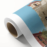 Art deco poster of Oaxaca scenery on rolled canvas, featuring pastel color palette.