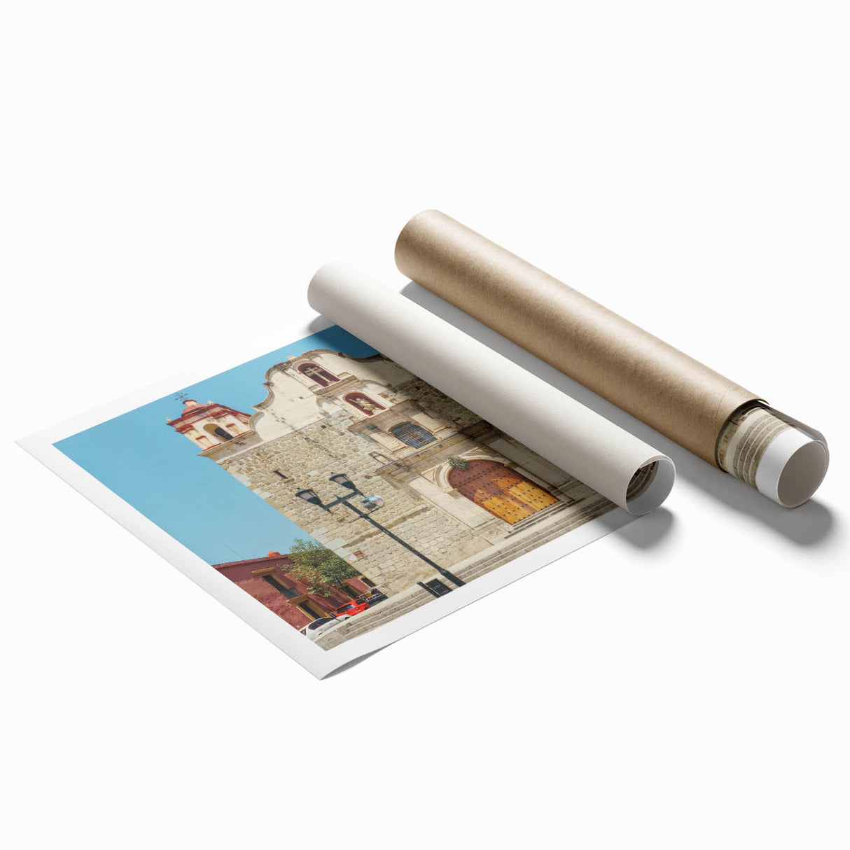 Extra large rolled canvas print depicting Oaxaca scenery with vibrant floral designs.