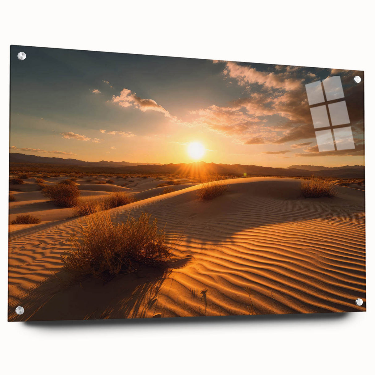 Acrylic glass print of Dubai skyline in muted blue and gray tones, ideal for modern dining room decor.