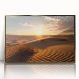 Framed acrylic print of Dubai skyline in gold and blue tones, suitable for modern art wall decor.