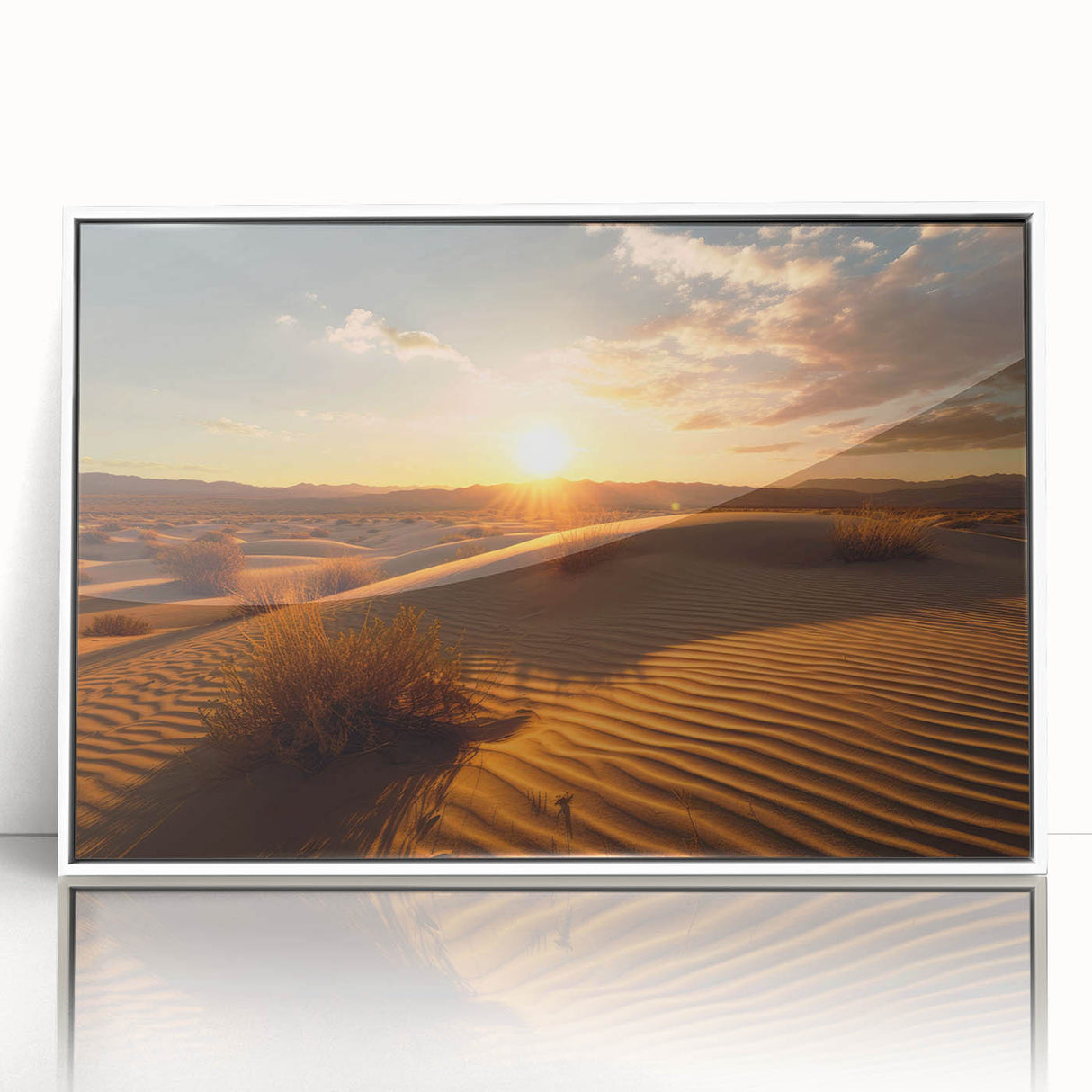 Acrylic print of Dubai skyline with art deco influence in muted gold and white tones, ideal for modern art wall decor.