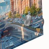 Large abstract wall art depicting Middle Eastern scenery in muted earth tones, printed on acrylic glass.