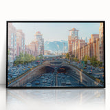 Large abstract wall art of a Middle Eastern scenery, in muted earth tones on a framed acrylic.