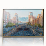 Mid-century modernist art of an Iranian scenery in gold tones on a framed acrylic, suitable for modern art wall decor.