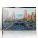 Mid-century modernist art of an abstract Iranian landscape in muted earth tones, acrylic print in silver frame.