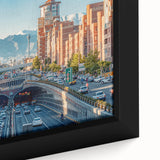 Extra large framed canvas featuring a textured black wall art scene of a Middle Eastern landscape in vibrant colors.