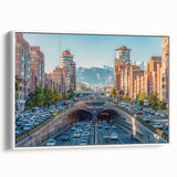 Vintage poster art of a Middle Eastern scenery in vibrant colors on a framed canvas, ideal for living room decor.