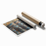 Extra large rolled print depicting Middle Eastern scenery with floral elements in muted earth tones.
