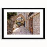 Abstract art print of Jerusalem skyline in vibrant colors on a large textured canvas, ideal for living room decor.