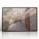 Large abstract wall art depicting the Jerusalem skyline in muted earth tones on a framed acrylic.