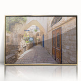 Framed acrylic print of Jerusalem scenery in gold tones, ideal for modern art wall decor.