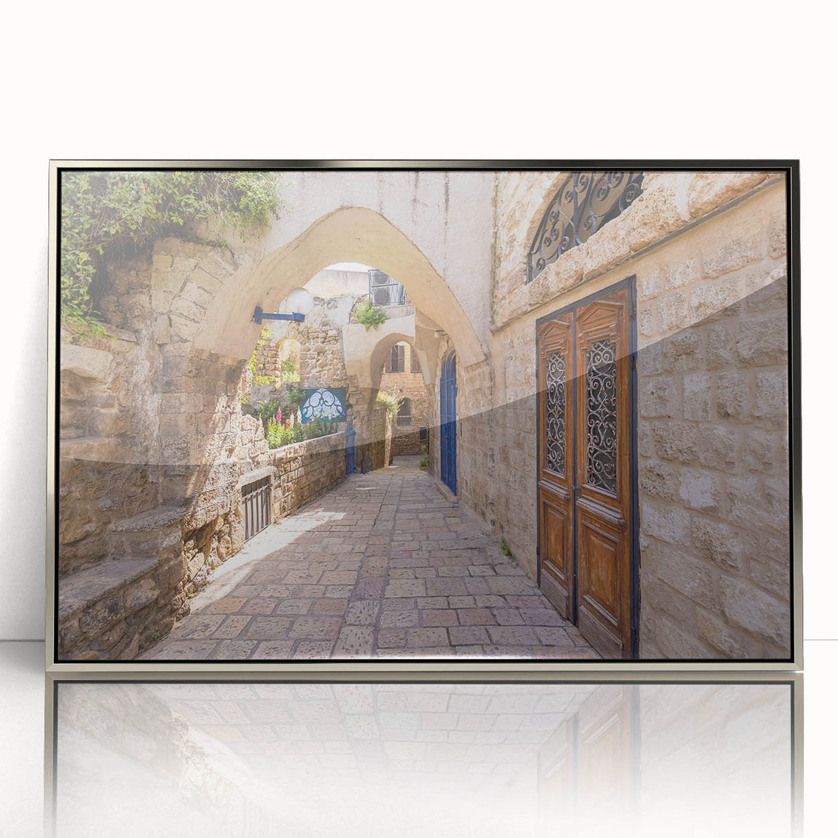 Framed acrylic print of Jerusalem skyline in muted earth tones, styled in mid-century modernist art.