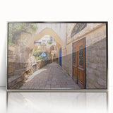 Framed acrylic print of Jerusalem skyline in muted earth tones, styled in mid-century modernist art.