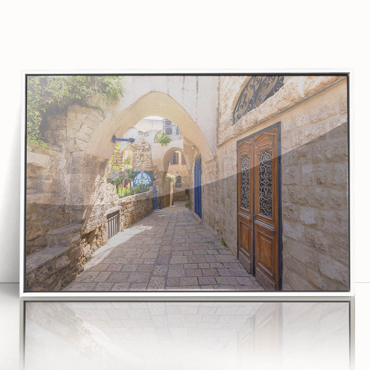 Art deco poster of Jerusalem skyline in muted gold and white tones, framed acrylic, ideal for modern art wall decor.