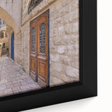 Extra large framed canvas of Jerusalem scenery in black with colorful, textured art details, suitable for living room decor.