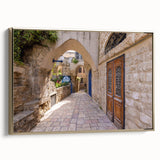 Framed canvas wall art depicting the Jerusalem landscape in muted gold and black tones, suitable for bedroom decor.