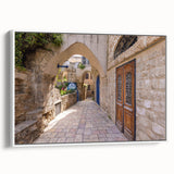 Vintage poster art of Jerusalem in vibrant colors on a large framed canvas, suitable for living room decor.