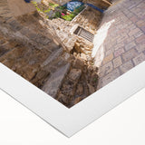 Art deco poster of Jerusalem skyline in muted earth tones on rolled canvas, suitable for dining room or bathroom wall art.