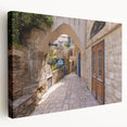 Panoramic view of Jerusalem with muted earth tones on a large stretched canvas, suitable for kitchen wall art.