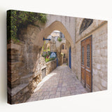 Panoramic view of Jerusalem with muted earth tones on a large stretched canvas, suitable for kitchen wall art.