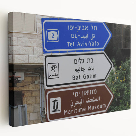 Tel Aviv cityscape on large stretched canvas, featuring muted earth tones, ideal for kitchen wall art.