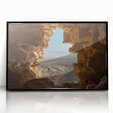 Large abstract wall art depicting a Middle Eastern scenery in muted earth tones on a framed acrylic.