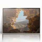 Mid-century modernist art featuring a silver-framed acrylic print of a Middle East scenery, ideal for nursery wall art.