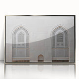 Mid-century modernist art depicting Oman scenery in muted earth tones on a framed acrylic print.