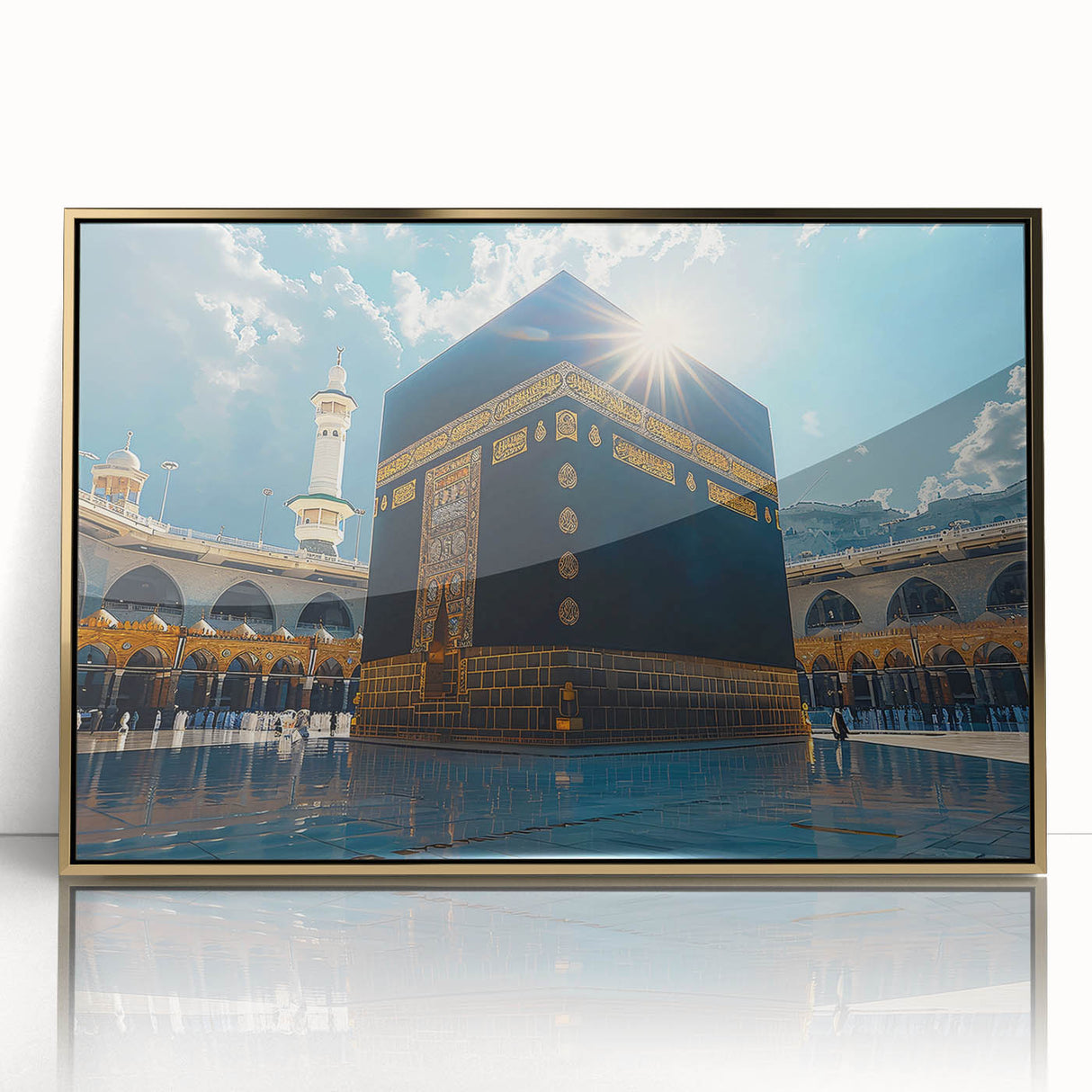 Mid-century modernist style large art print of a Saudi Arabian landscape in muted gold tones, framed acrylic.