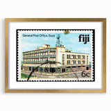 Extra large abstract art print depicting textured oceanic scenery in Fiji, in a gold frame with mat.