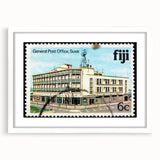 Abstract art print of Oceania, Fiji scenery in muted blue and green tones on a white-framed canvas.