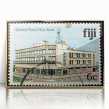 Mid-century modernist acrylic print of a serene Fiji landscape in muted earth tones, ideal for modern art wall decor.