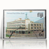 Art deco poster of a serene Fiji beachscape, in muted blue and white tones, framed acrylic.