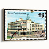 Framed canvas depicting a vintage-style landscape of Oceania, Fiji, in black and gold tones, ideal for bedroom decor.