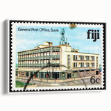 Vintage poster art of a scenic Fiji coastline in vibrant colors on a large framed canvas, ideal for living room decor.