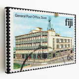 Large art depicting the serene Fiji scenery in muted blue and green tones on stretched canvas, ideal for kitchen wall decor.