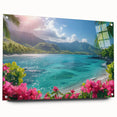Acrylic print of a serene Bora Bora seascape with vibrant blue and green tones, suitable for bedroom or dining room decor.
