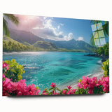 Large abstract wall art of Bora Bora's oceanic panorama in soft blue and green hues on acrylic glass.