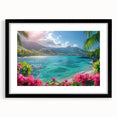 Extra large abstract art print of French Polynesia in vibrant colors on textured canvas, framed in black.